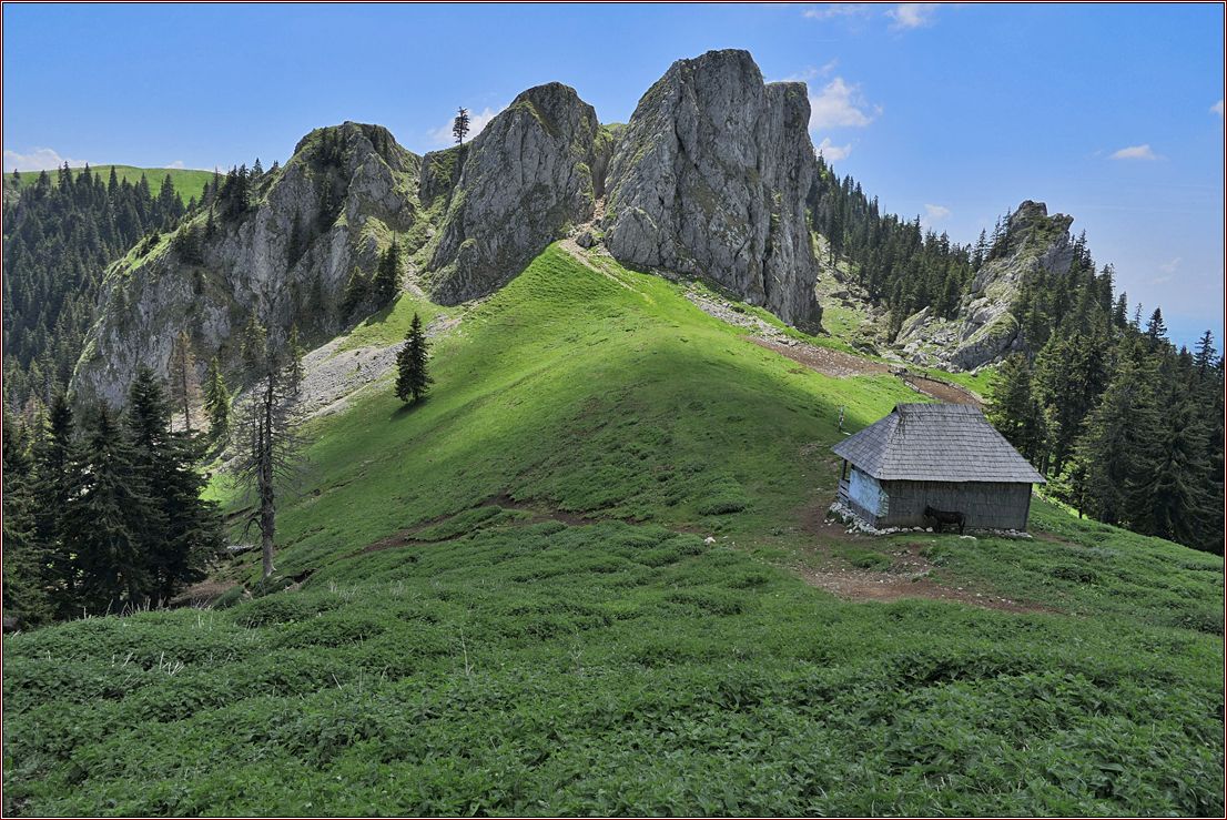 Holzhütte vor Berglandschaft