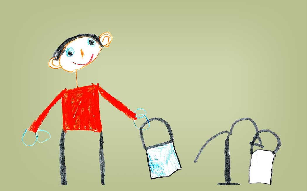 gemaltes Bild eines Menschen mit einem Eimer