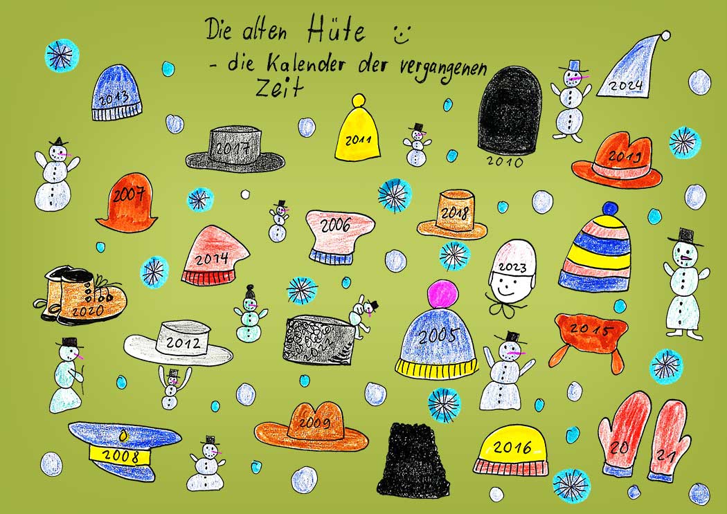 Ein gemalte Wiese mit vielen bunten Blumen und einem Seit, an denen die Jahreszahlen 2005 bis 2023 hängen.